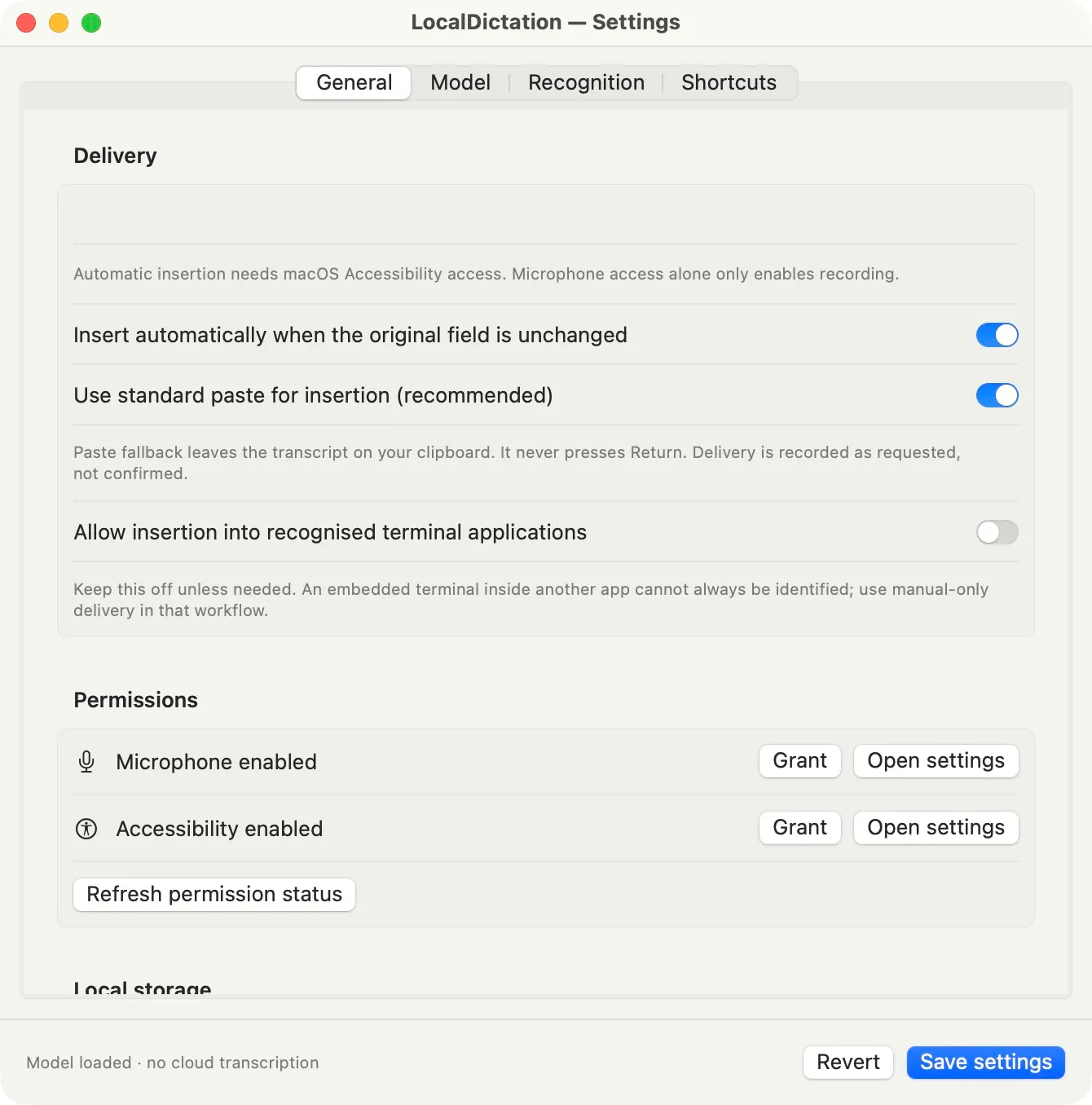 Brief settings showing automatic insertion options and microphone and Accessibility permissions