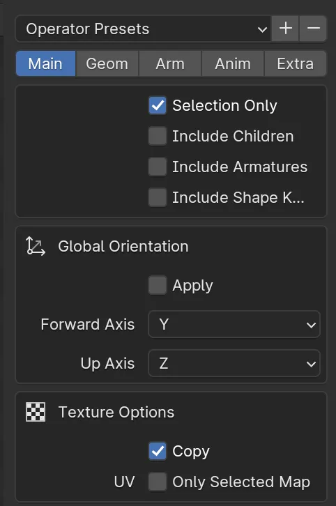 Blender Collada export — Main tab