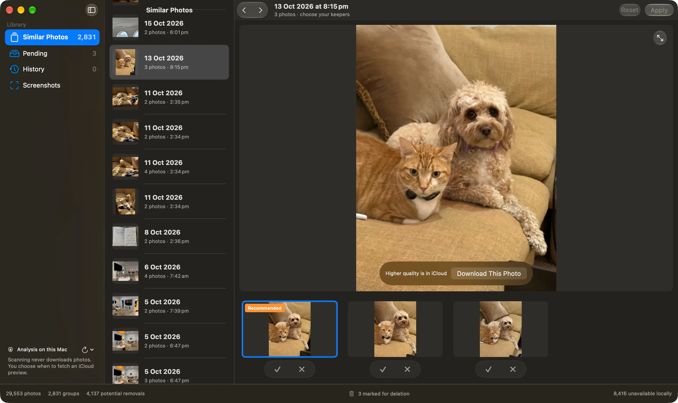 Picker comparing similar photos in Apple Photos, with a large preview and a recommended keeper