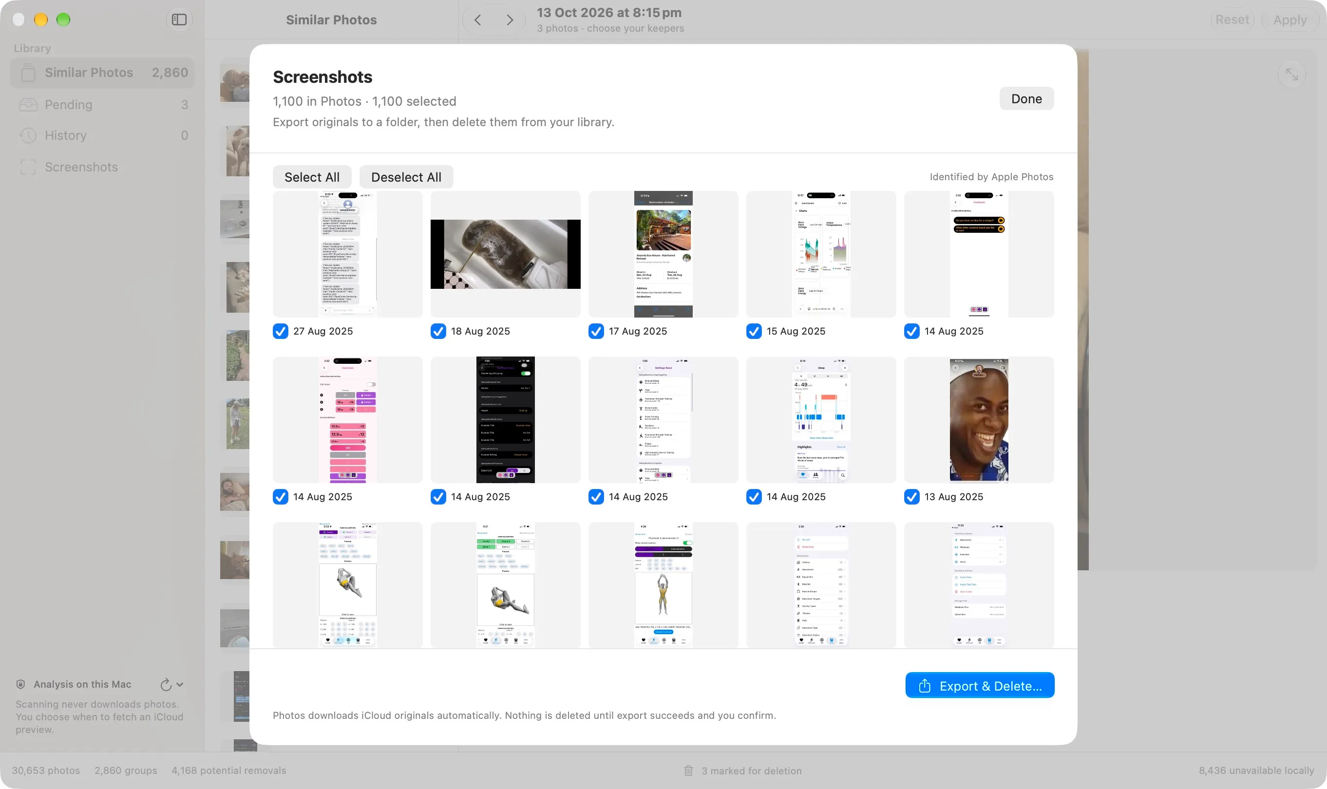Picker's screenshot archive view with selected screenshots and an Export & Delete action