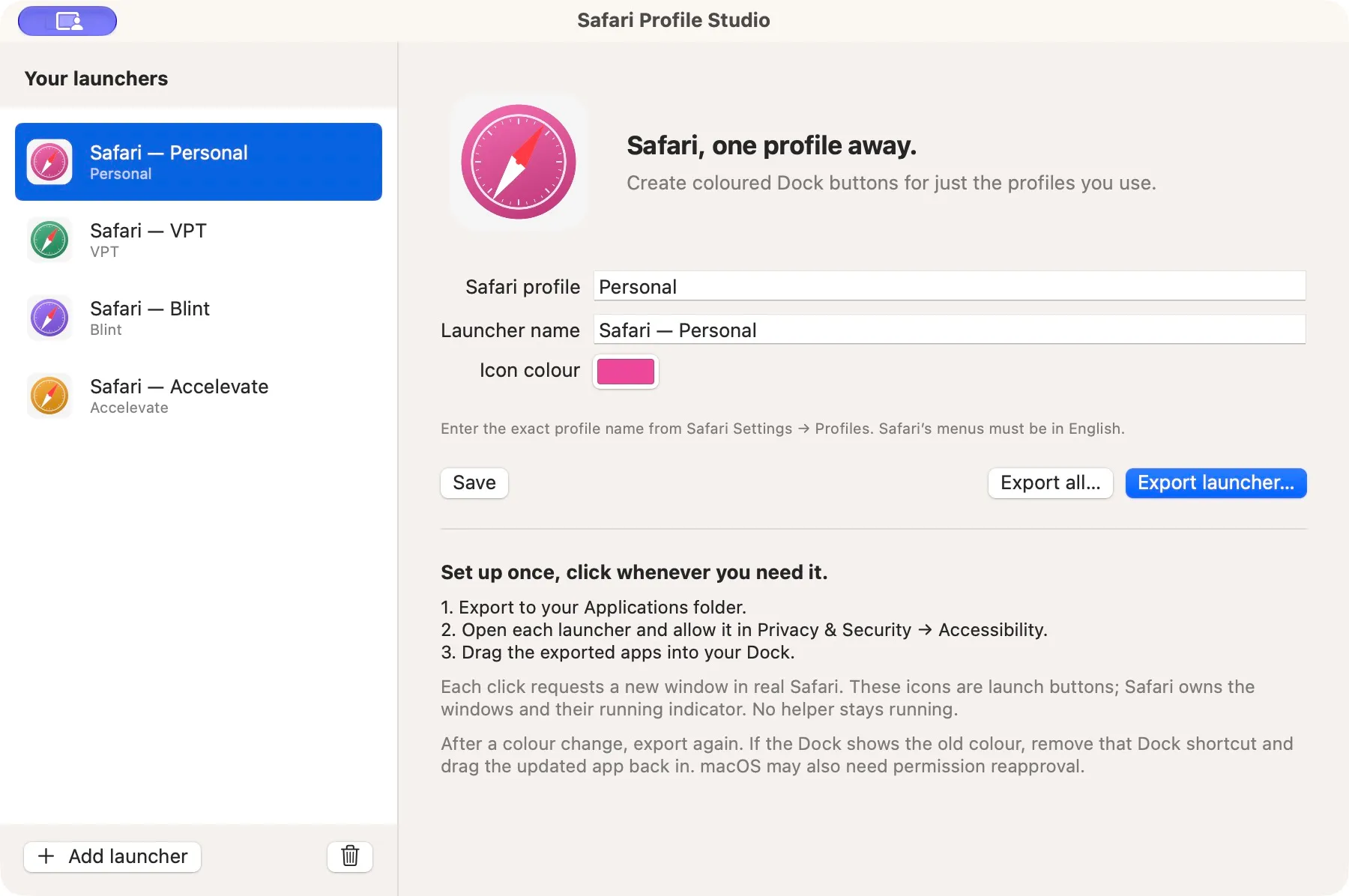 Safari Profile Studio editor with profile names and icon colours