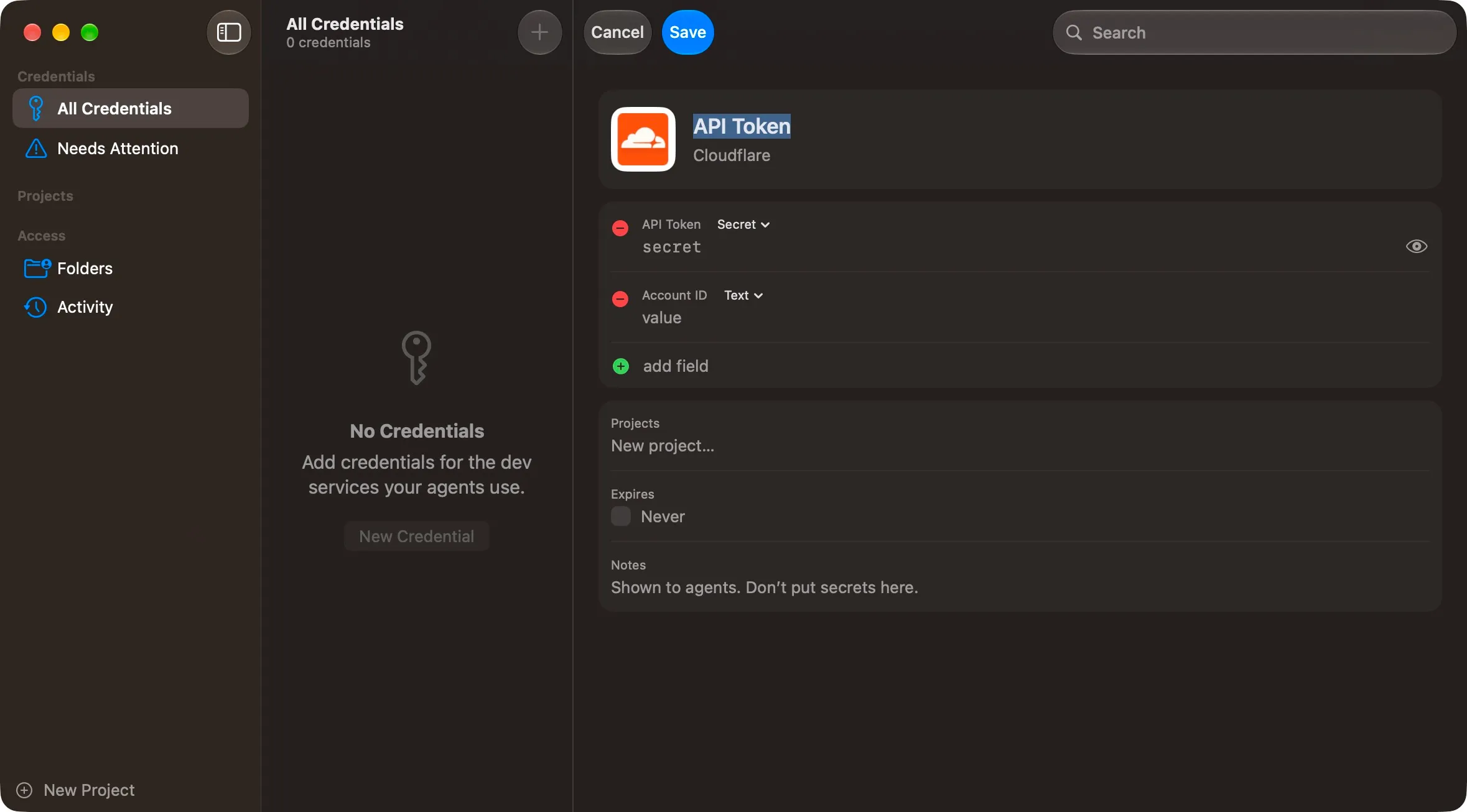 Adding a Cloudflare API token in Agent Secrets