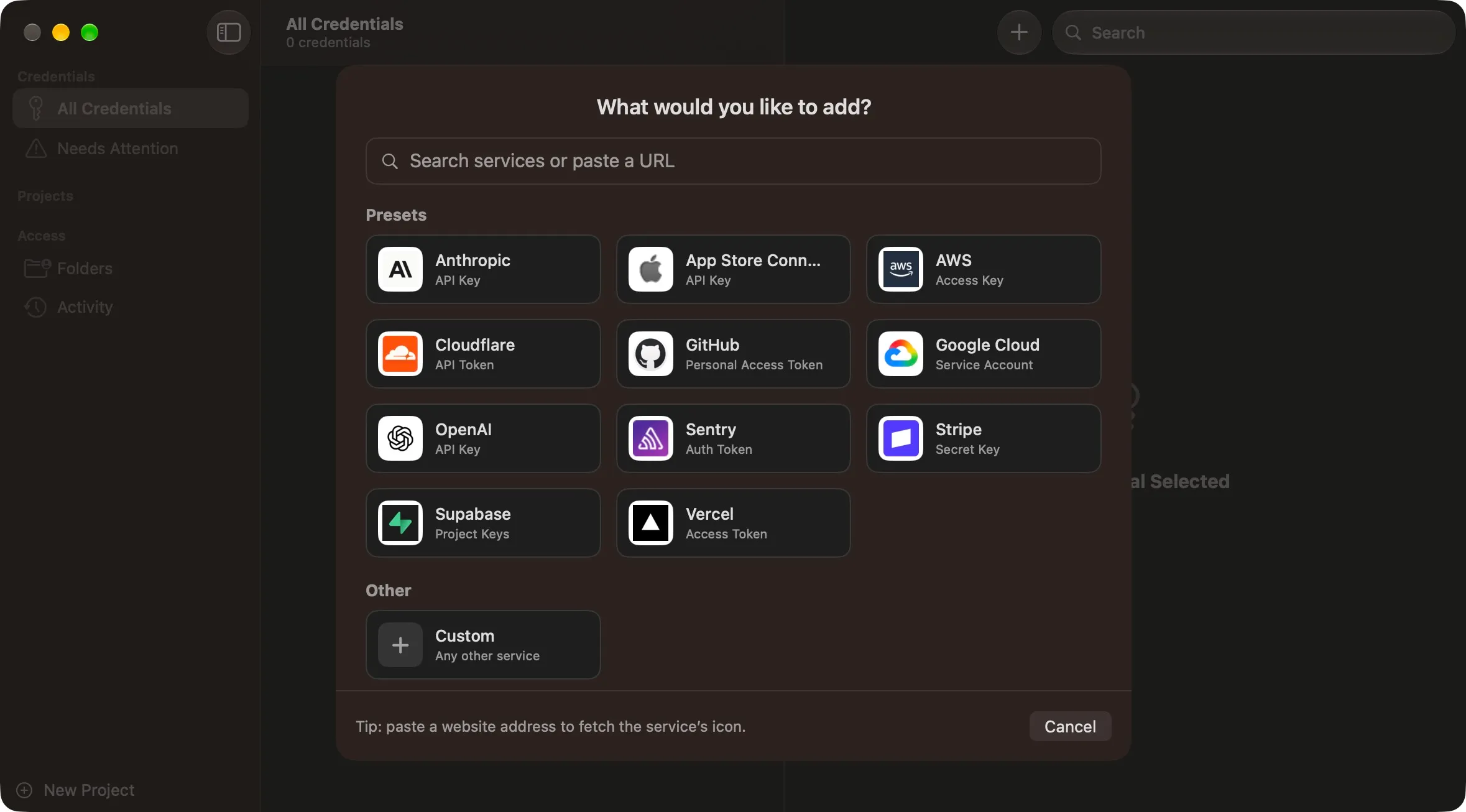 Choosing a service preset in Agent Secrets